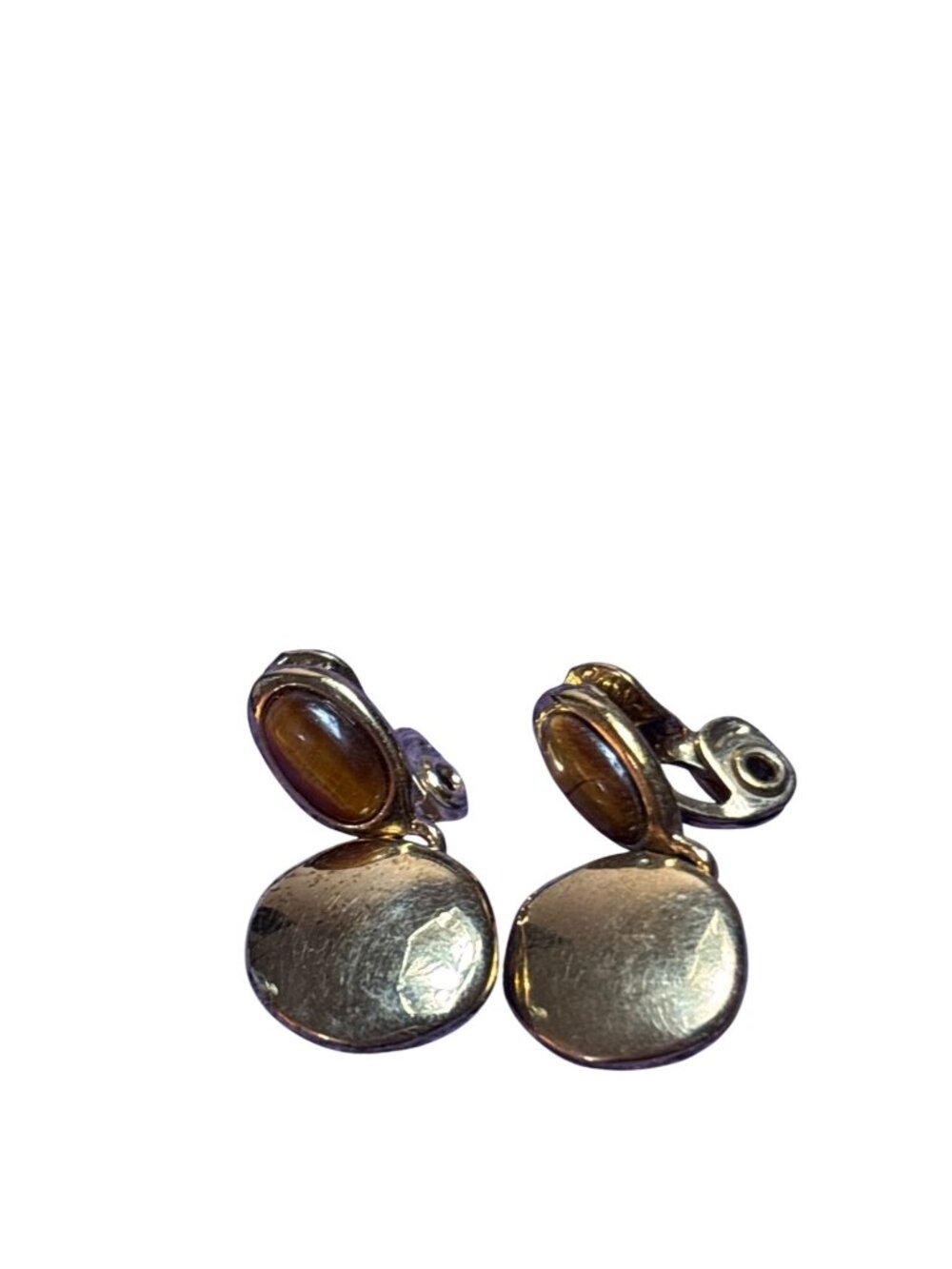 Vintage Monet Clip On Dangle Earrings Tiger's Eye Stone Cabochon Goldtone Flawed